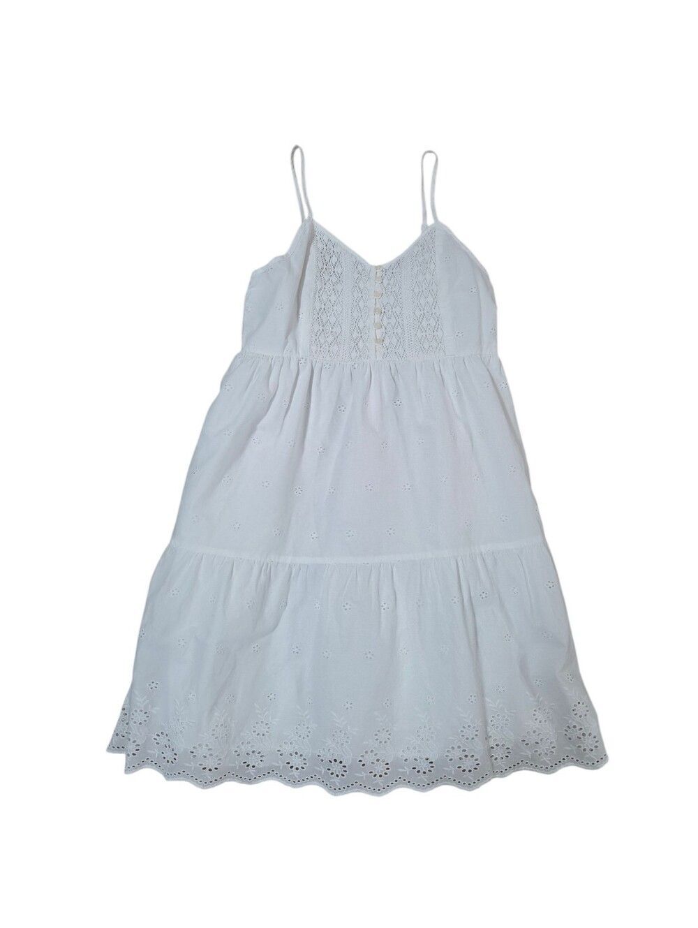Levi's S White Cotton Eyelet Tiered Scalloped Hem Broderie Anglaise Dress - Picture 2 of 7